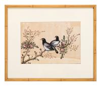Seven Chinese Export Pith Paintings of Perched Birds and Flowers