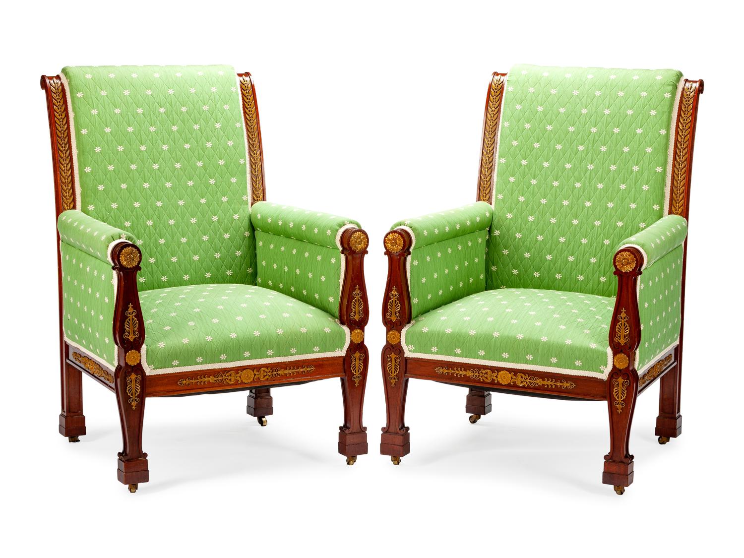 A Pair of Empire Style Bronze-Mounted Mahogany Armchairs