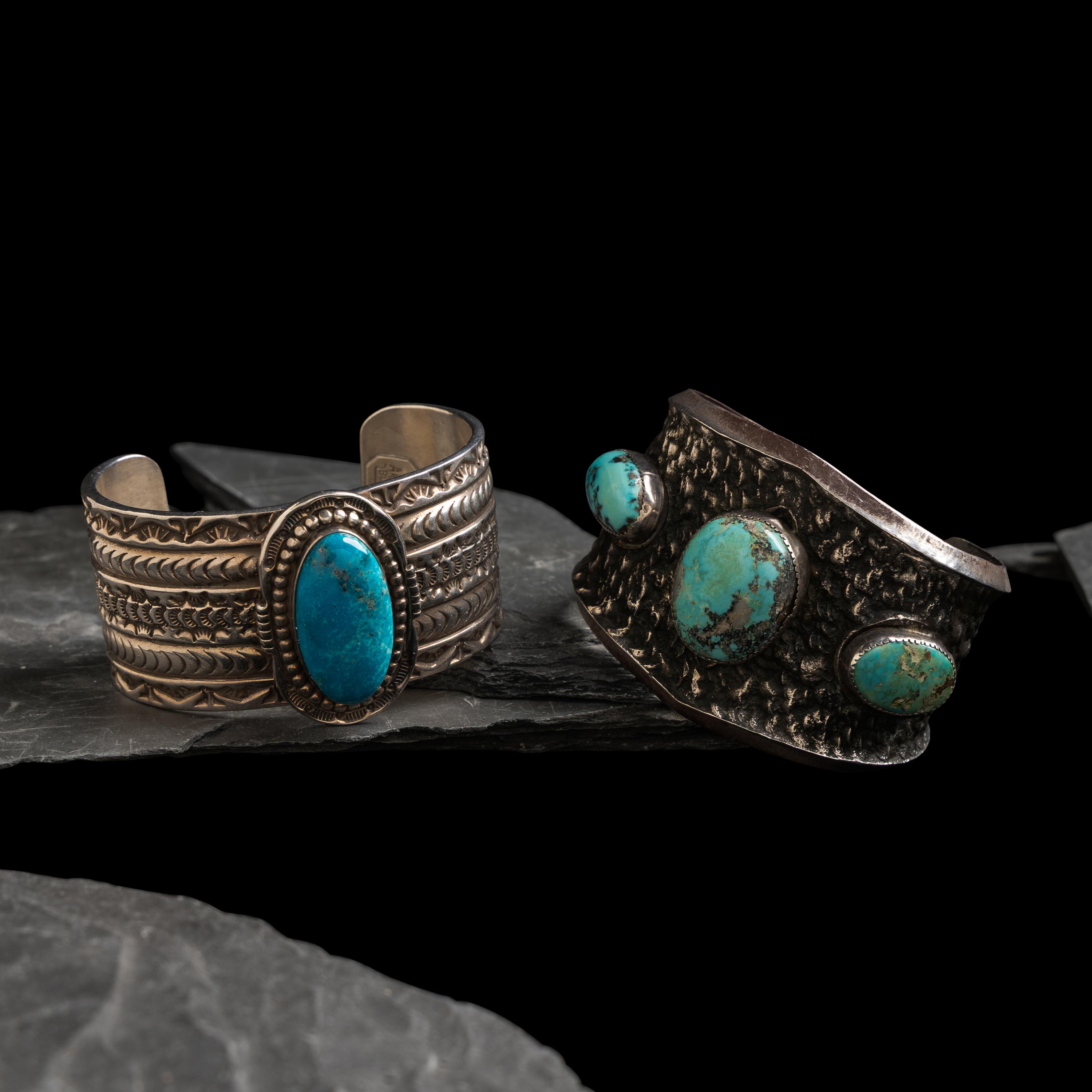 Navajo Wide Silver and Turquoise Cuff Bracelets