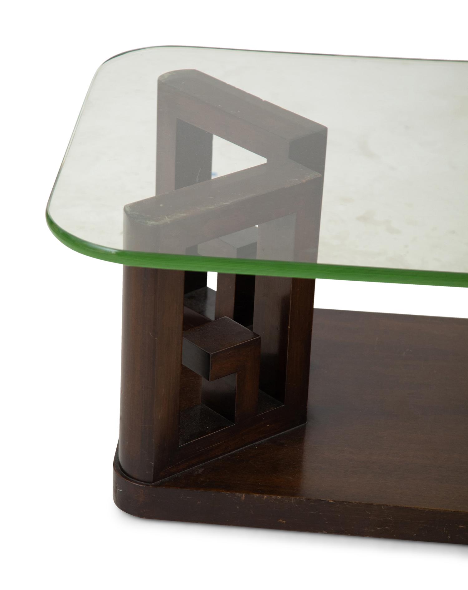 A Contemporary Black Lacquer Greek Key Glass-Top Coffee Table