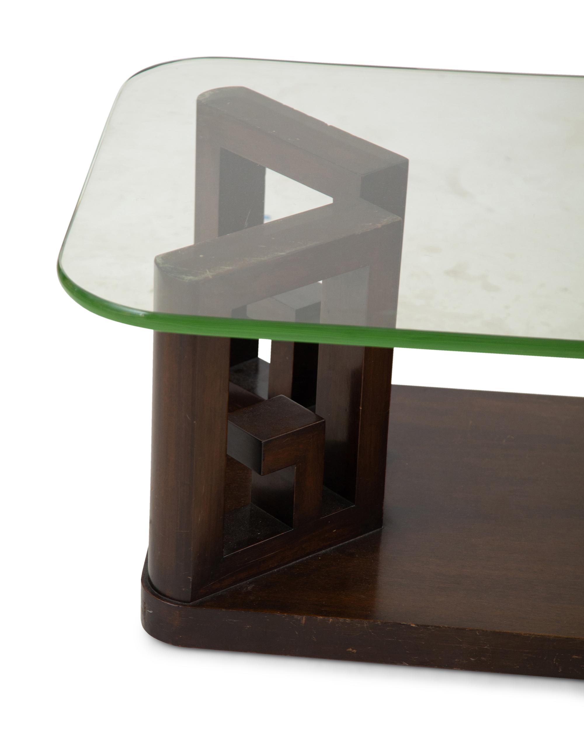 A Contemporary Black Lacquer Greek Key Glass-Top Coffee Table