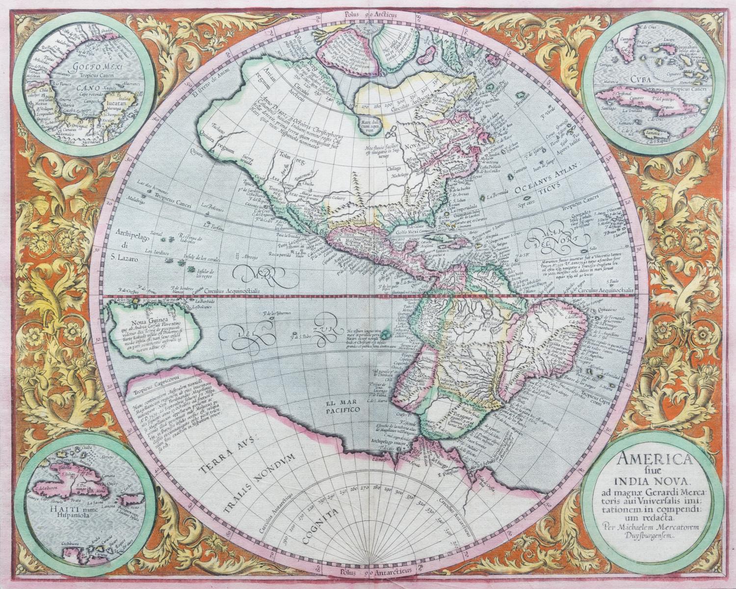 (MAP) MERCATOR. America Sive India Nova. Amsterdam, c. 1633. Engraved hemisphere map with hand-coloring, inset maps.
