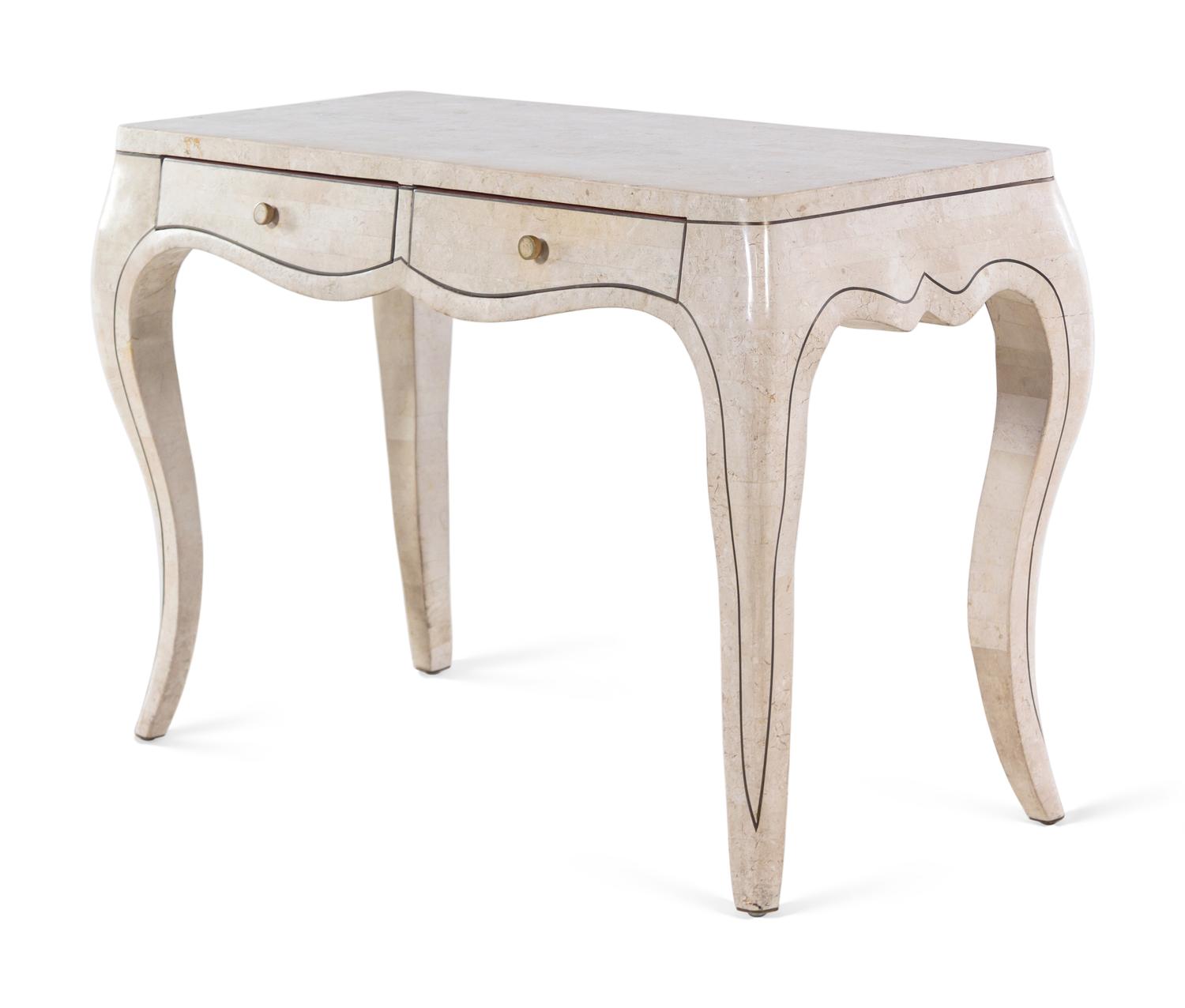 A Louis XV Style Marble Veneered and Brass Inlaid Console Table