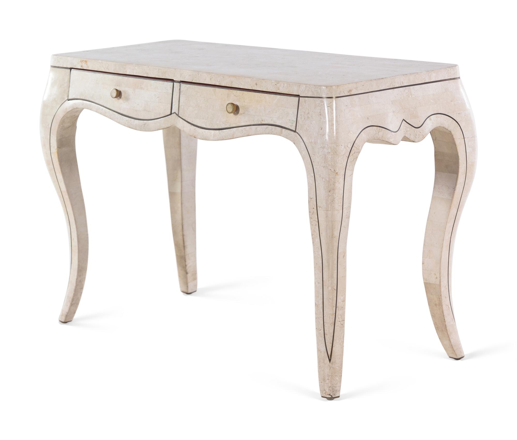 A Louis XV Style Marble Veneered and Brass Inlaid Console Table