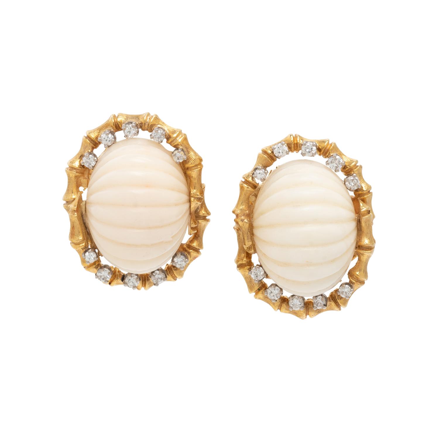 YELLOW GOLD, WHITE CORAL AND DIAMOND CLIP EARRINGS
