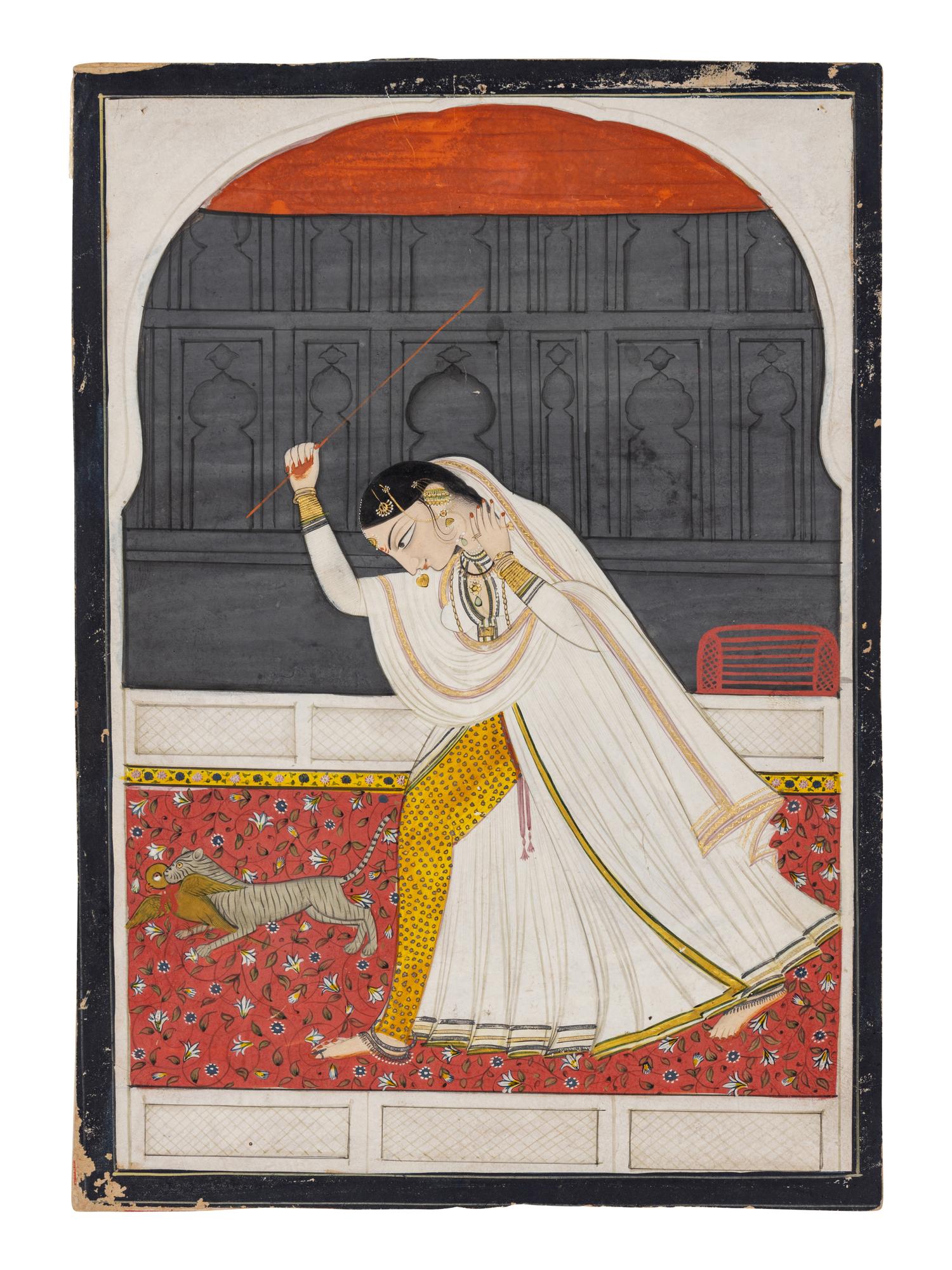 An Indian Painting of a Woman Chasing a Cat Thief, Punjab Hills, Kangra, 1800-1820 1800-1820年 印度旁遮普山丘岡格拉派細密畫《逐貓圖》