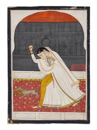 An Indian Painting of a Woman Chasing a Cat Thief, Punjab Hills, Kangra, 1800-1820 1800-1820年 印度旁遮普山丘岡格拉派細密畫《逐貓圖》