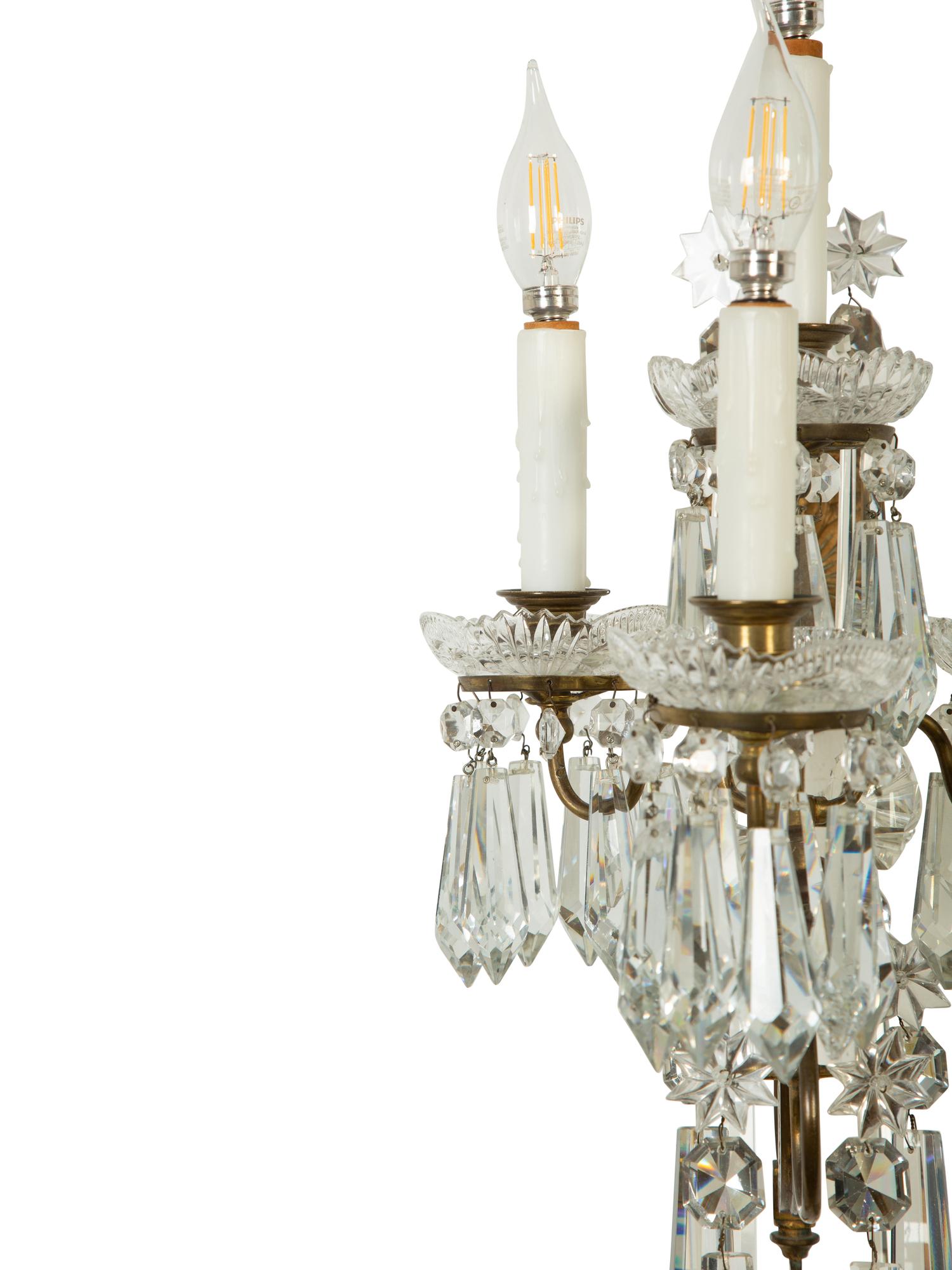 A Pair of Continental Gilt Metal and Cut Glass Four-Light Sconces