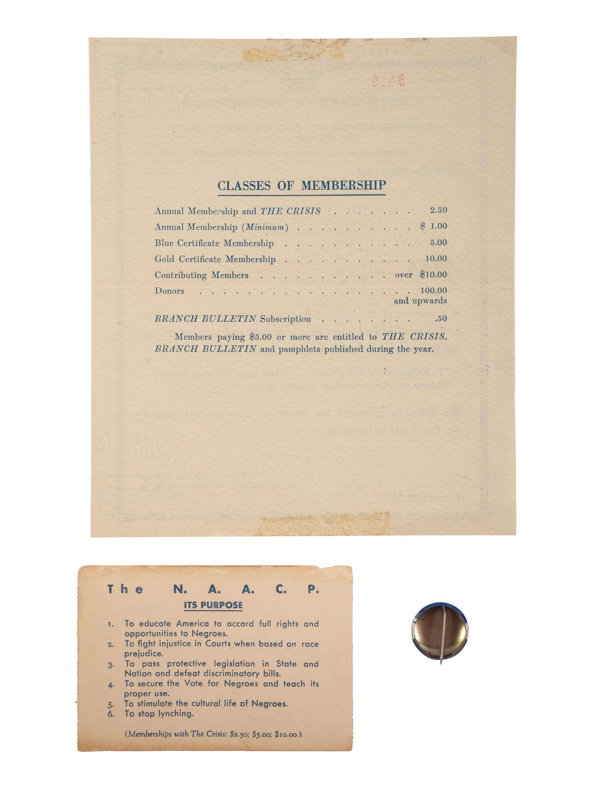 [CIVIL RIGHTS]. A group of items related to the NAACP incl. membership card and certificate.