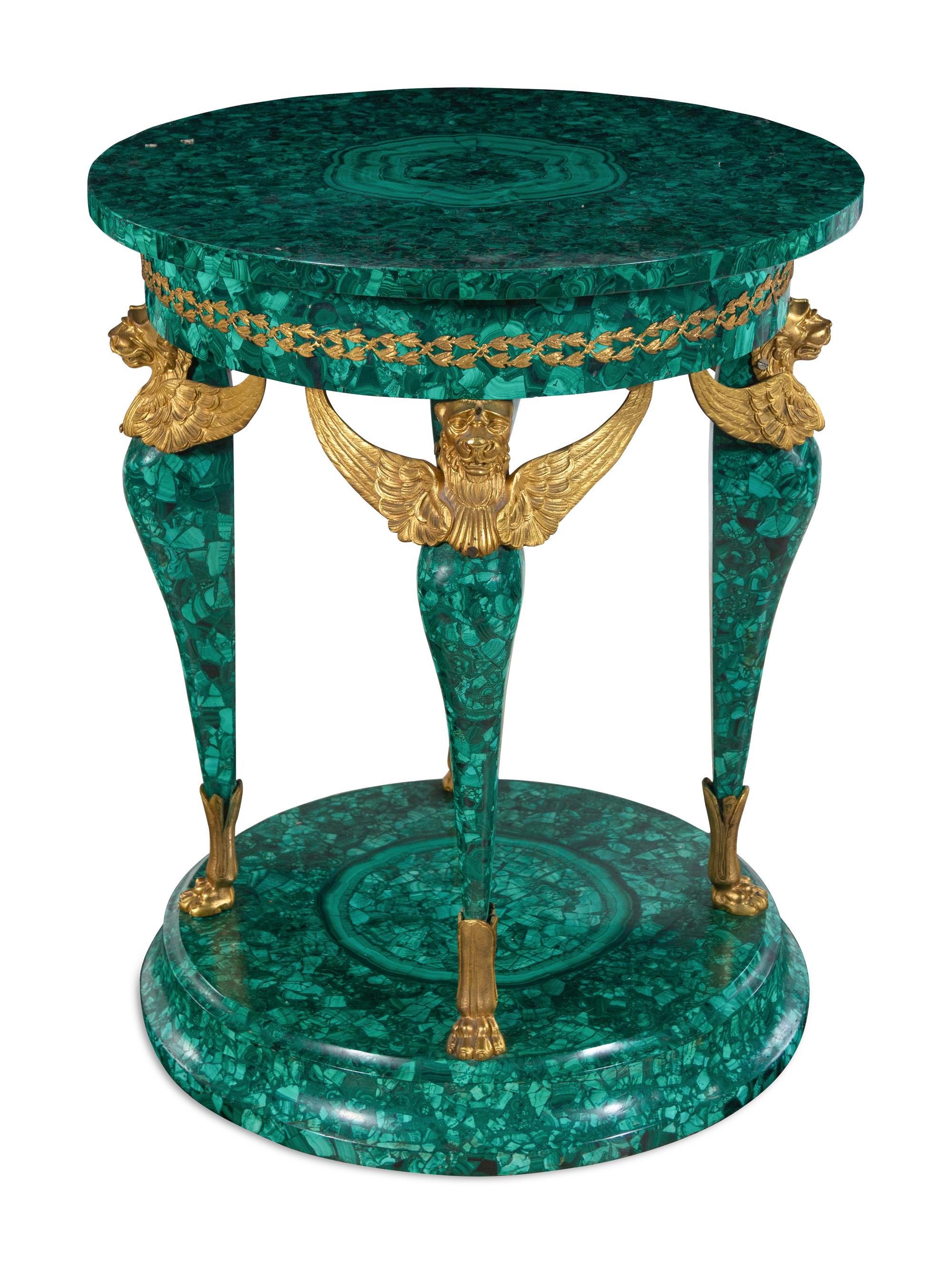 An Empire Style Gilt Bronze Mounted Malachite Veneered Center Table