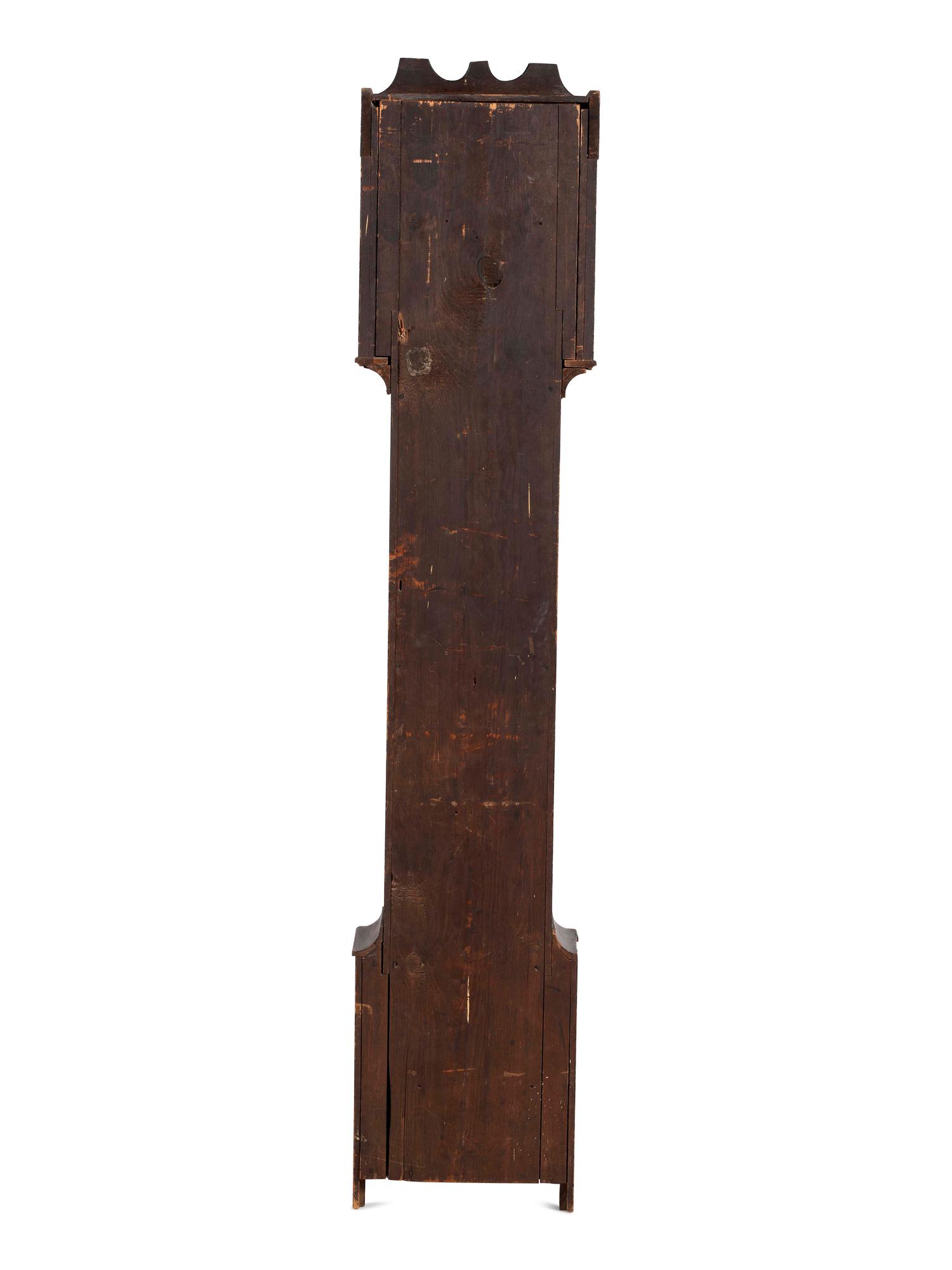 A Federal Red and Grain Painted Pine Wooden Works Tall Case Clock