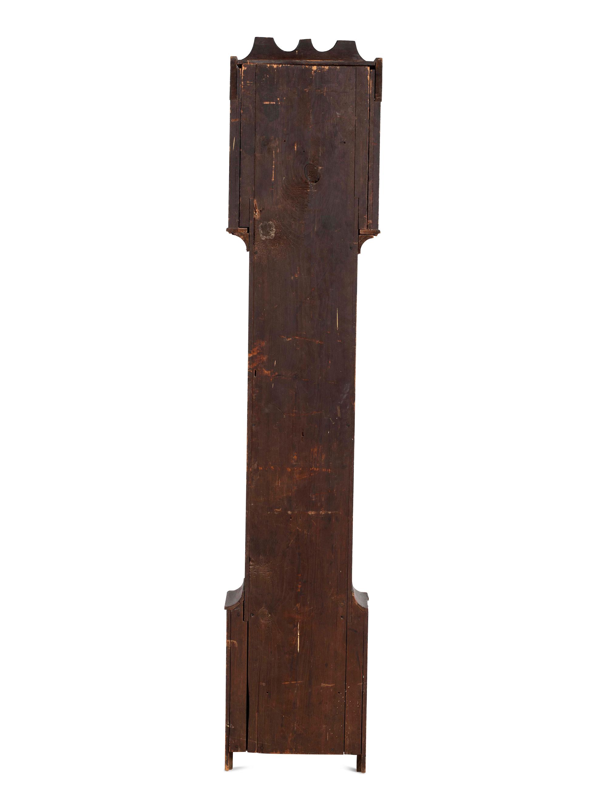 A Federal Red and Grain Painted Pine Wooden Works Tall Case Clock