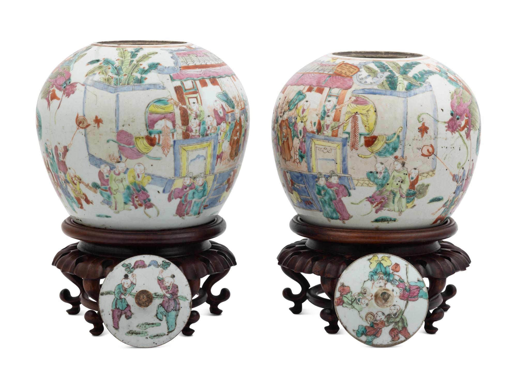 A Pair of Chinese Famille Rose Porcelain Covered Ginger Jars