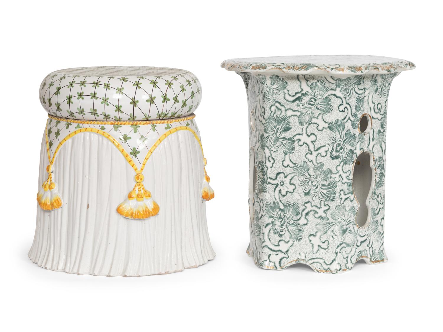 A Victorian Stoneware Garden Seat and Associated Italian Ceramic Garden Seat