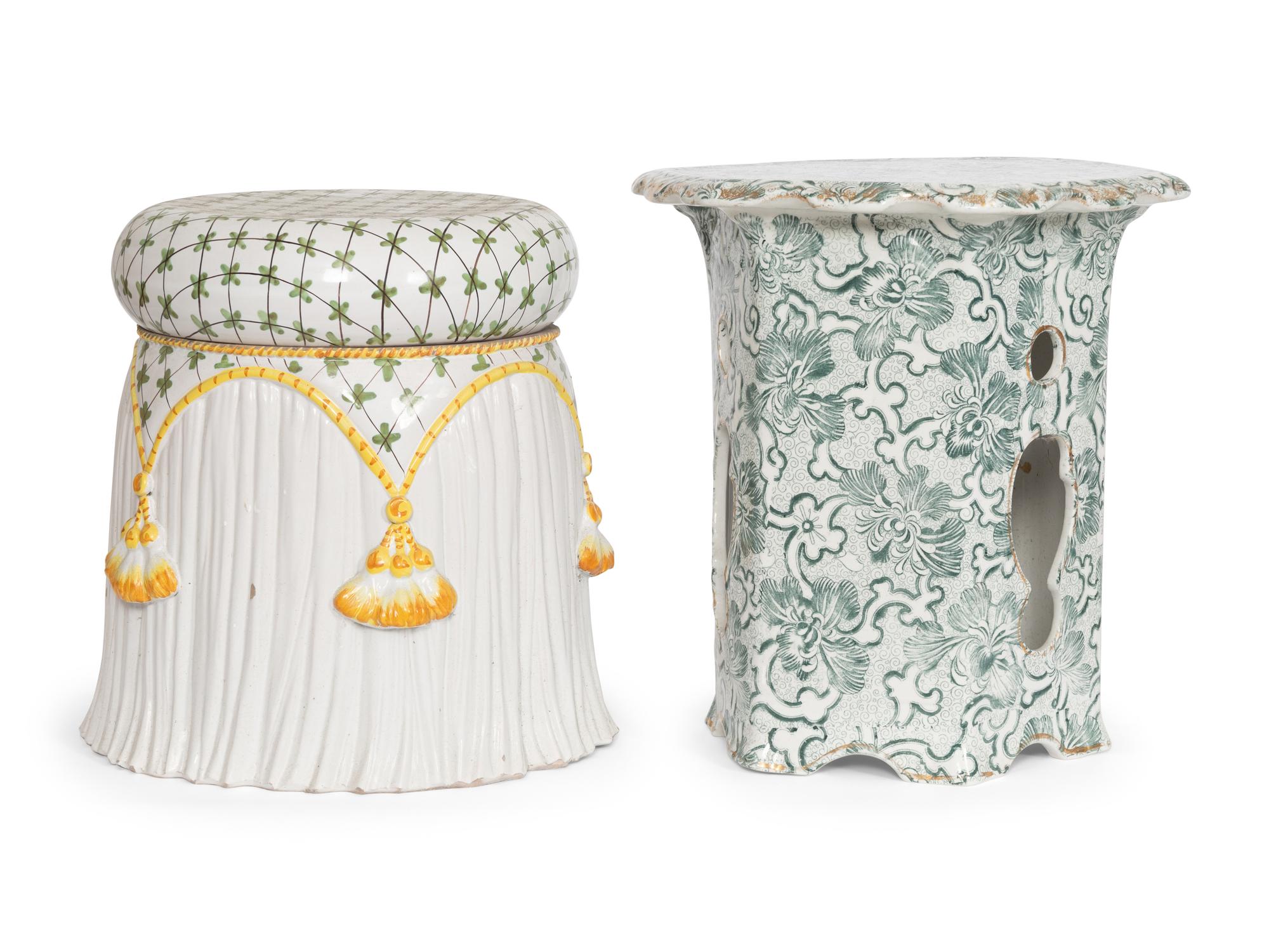 A Victorian Stoneware Garden Seat and Associated Italian Ceramic Garden Seat
