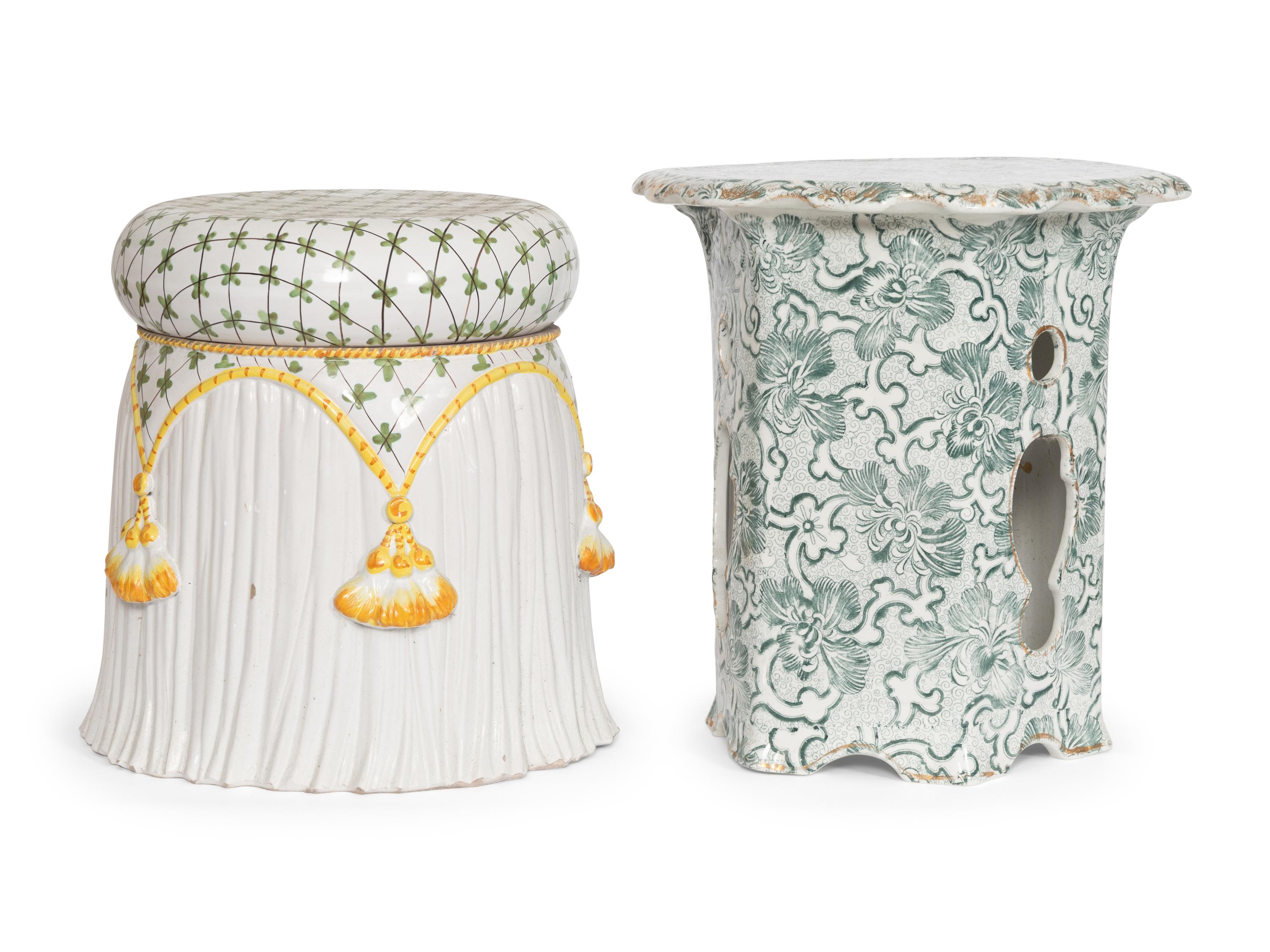 A Victorian Stoneware Garden Seat and Associated Italian Ceramic Garden Seat