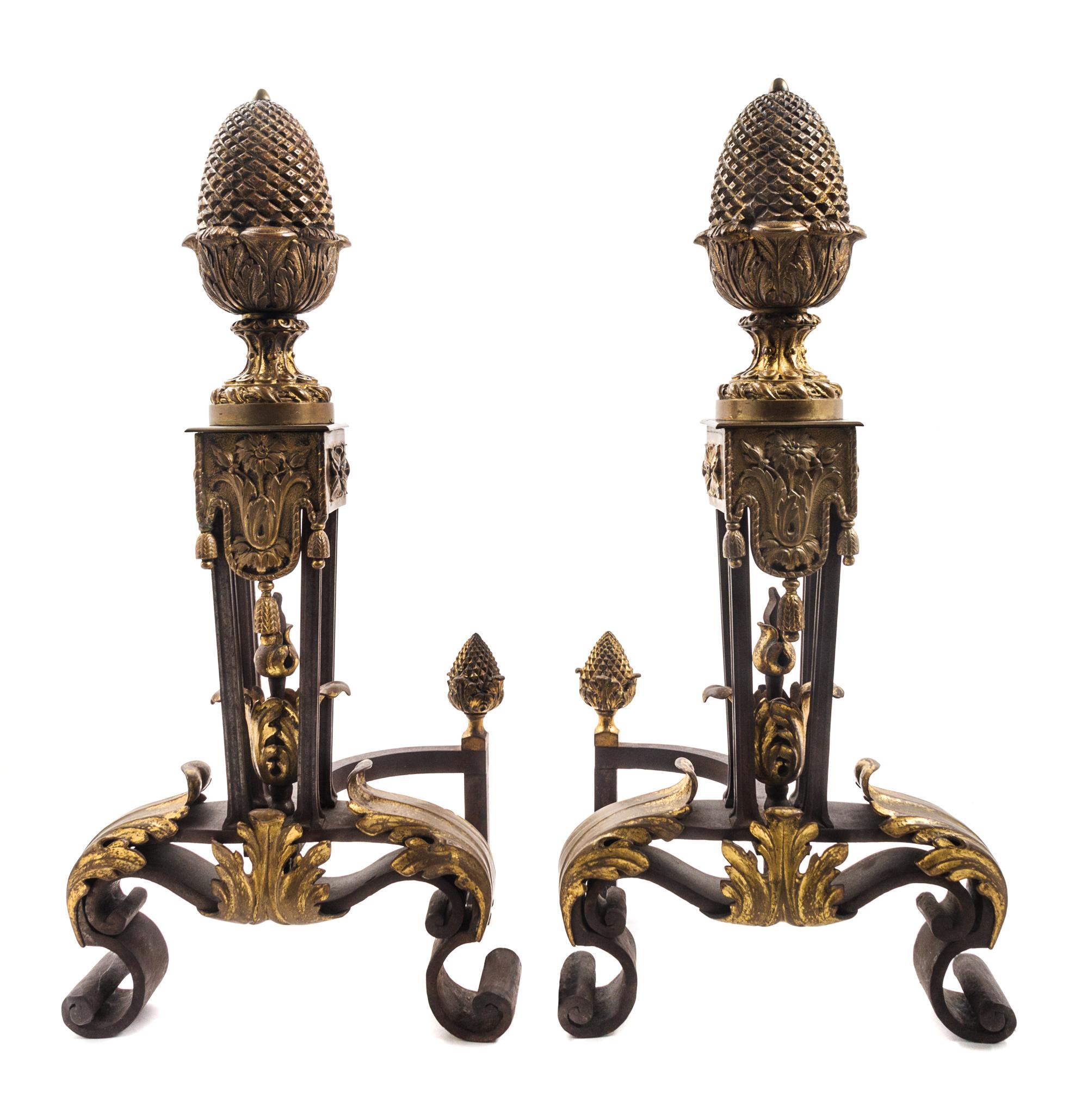 A Pair of Neoclassical Style Gilt Bronze Andirons Height 25 inches.