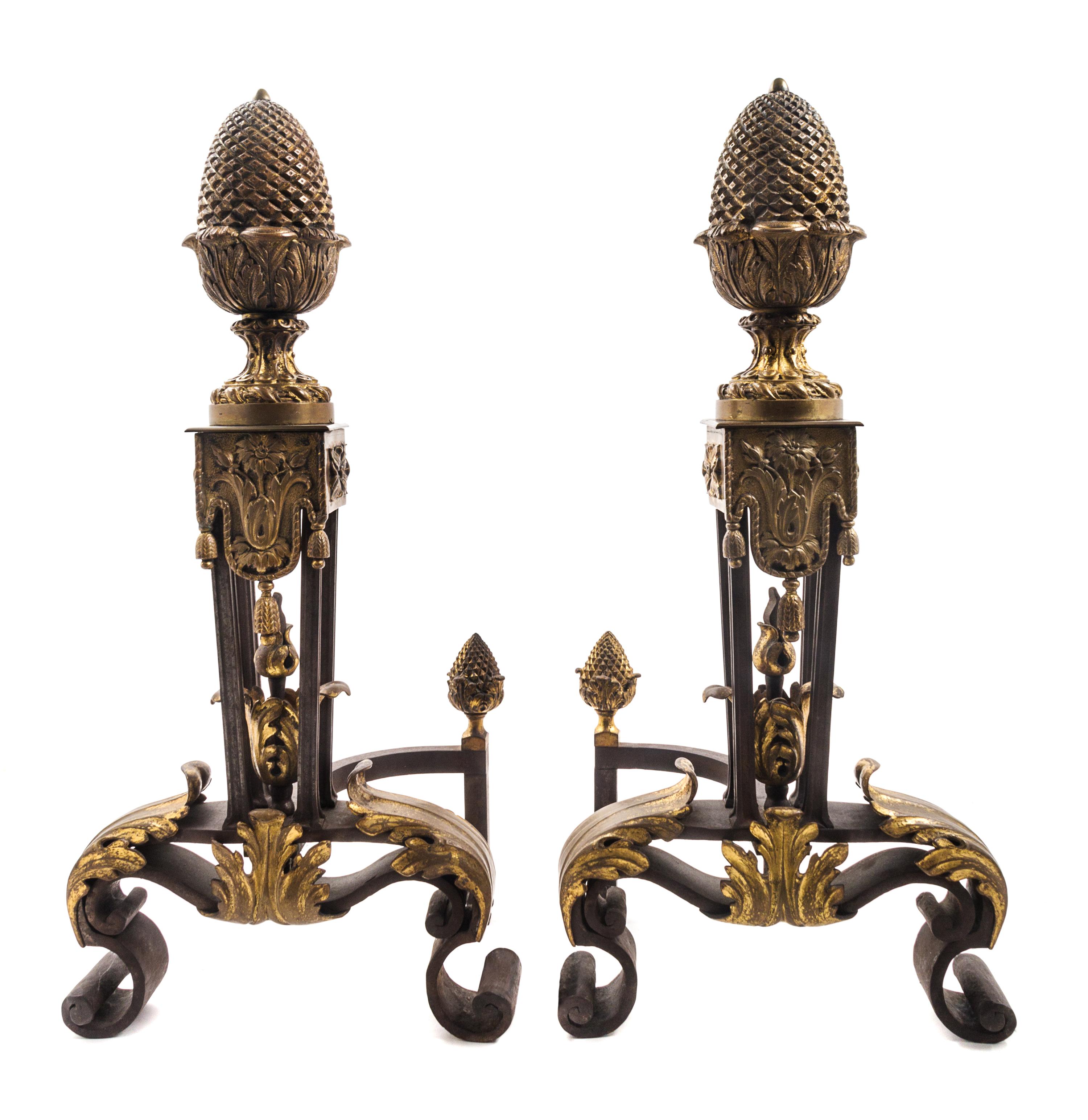 A Pair of Neoclassical Style Gilt Bronze Andirons Height 25 inches.