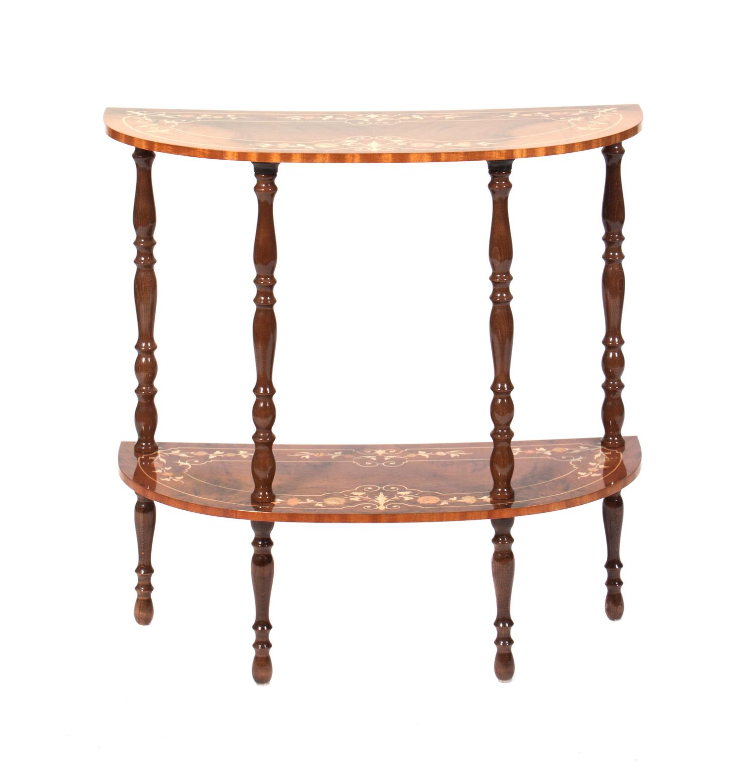 A Contemporary Italian Marquetry Decorated Console Table Height 29 3/4 x width 29 x depth 12 1/2 inches. — SECOND HALF 20TH CENTURY