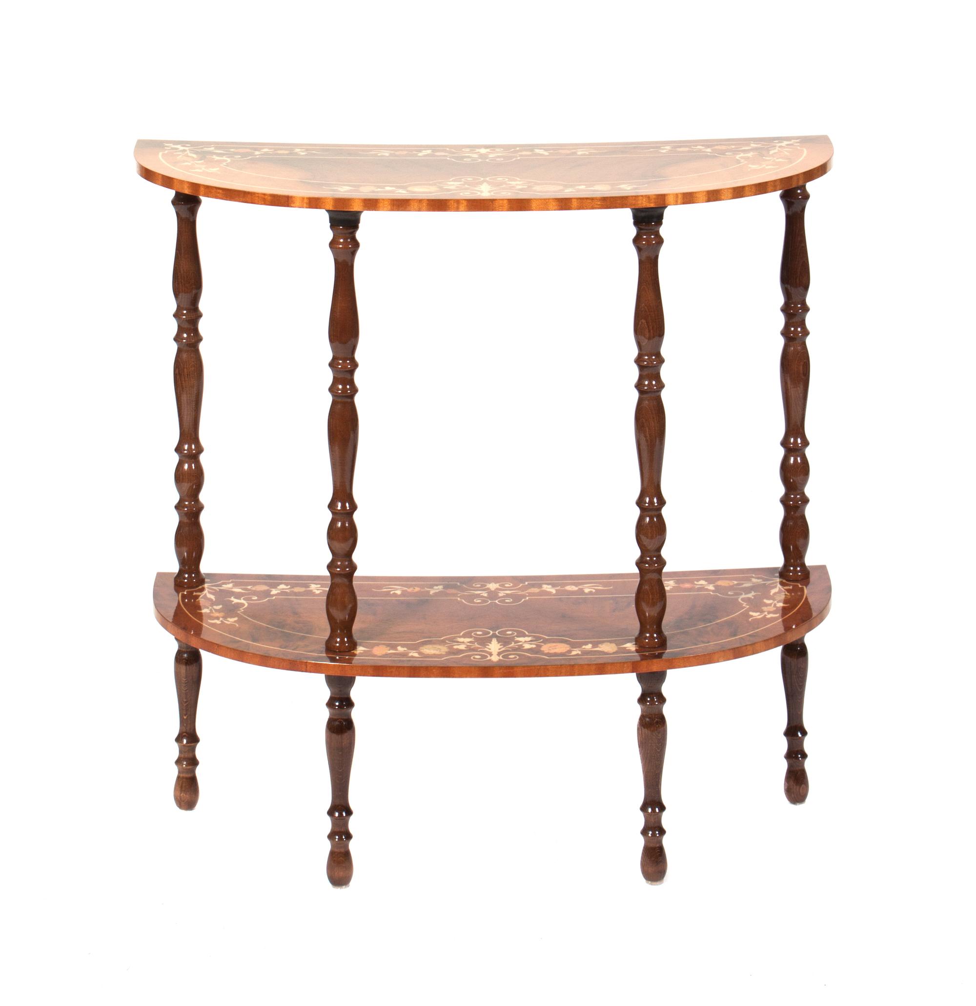 A Contemporary Italian Marquetry Decorated Console Table Height 29 3/4 x width 29 x depth 12 1/2 inches. — SECOND HALF 20TH CENTURY
