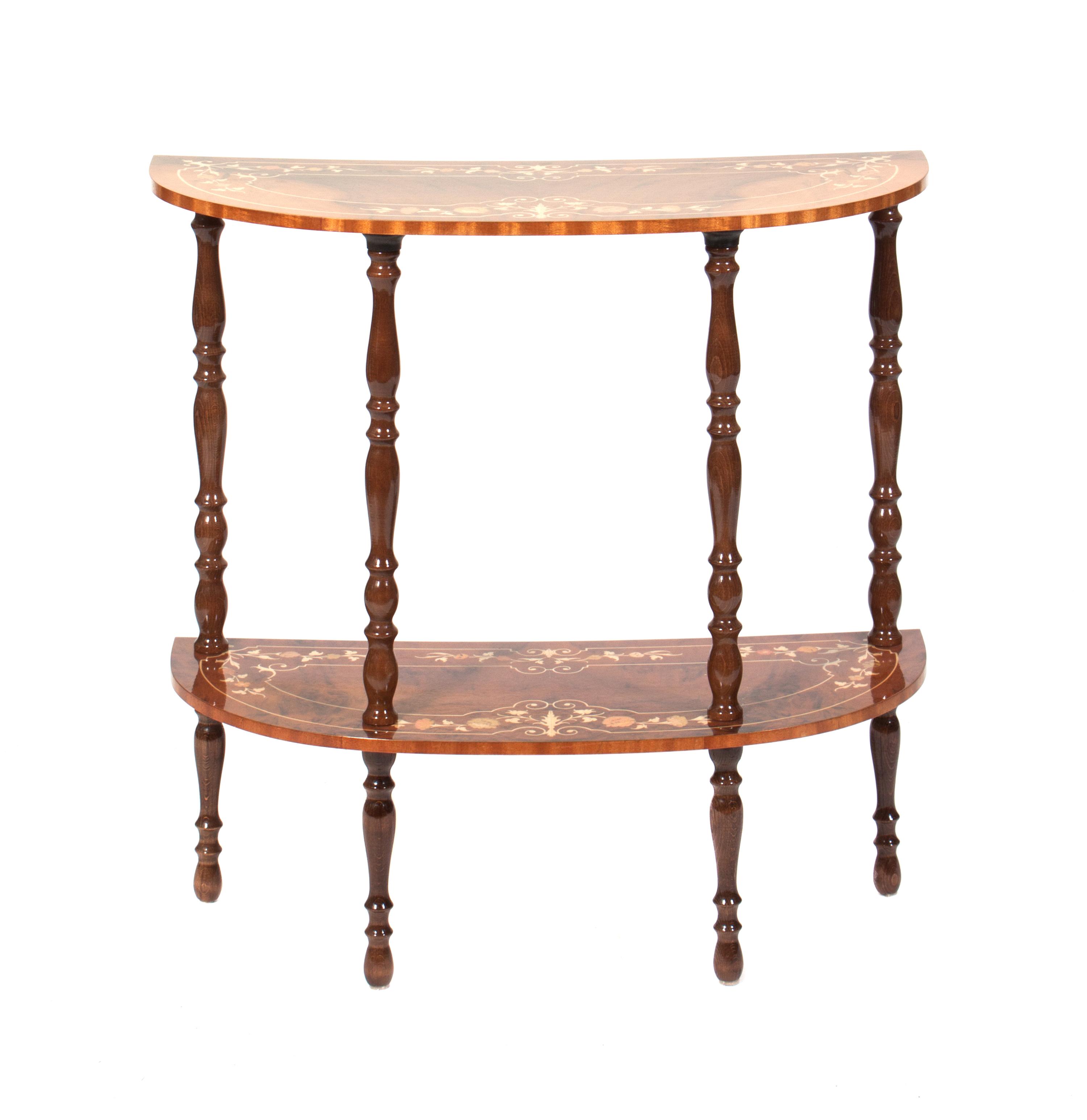 A Contemporary Italian Marquetry Decorated Console Table Height 29 3/4 x width 29 x depth 12 1/2 inches. — SECOND HALF 20TH CENTURY