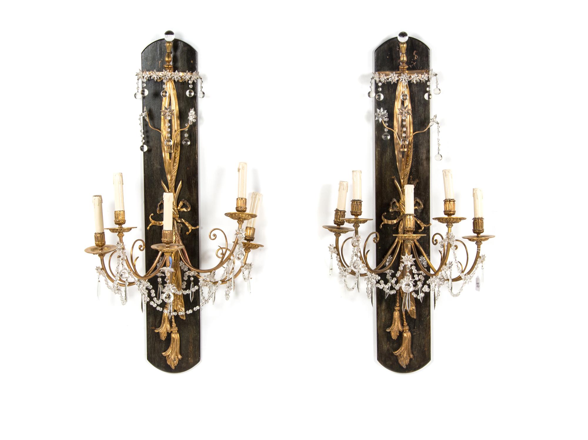 A Pair of Neoclassical Gilt Bronze Five-Light Sconces, Height 39 inches.