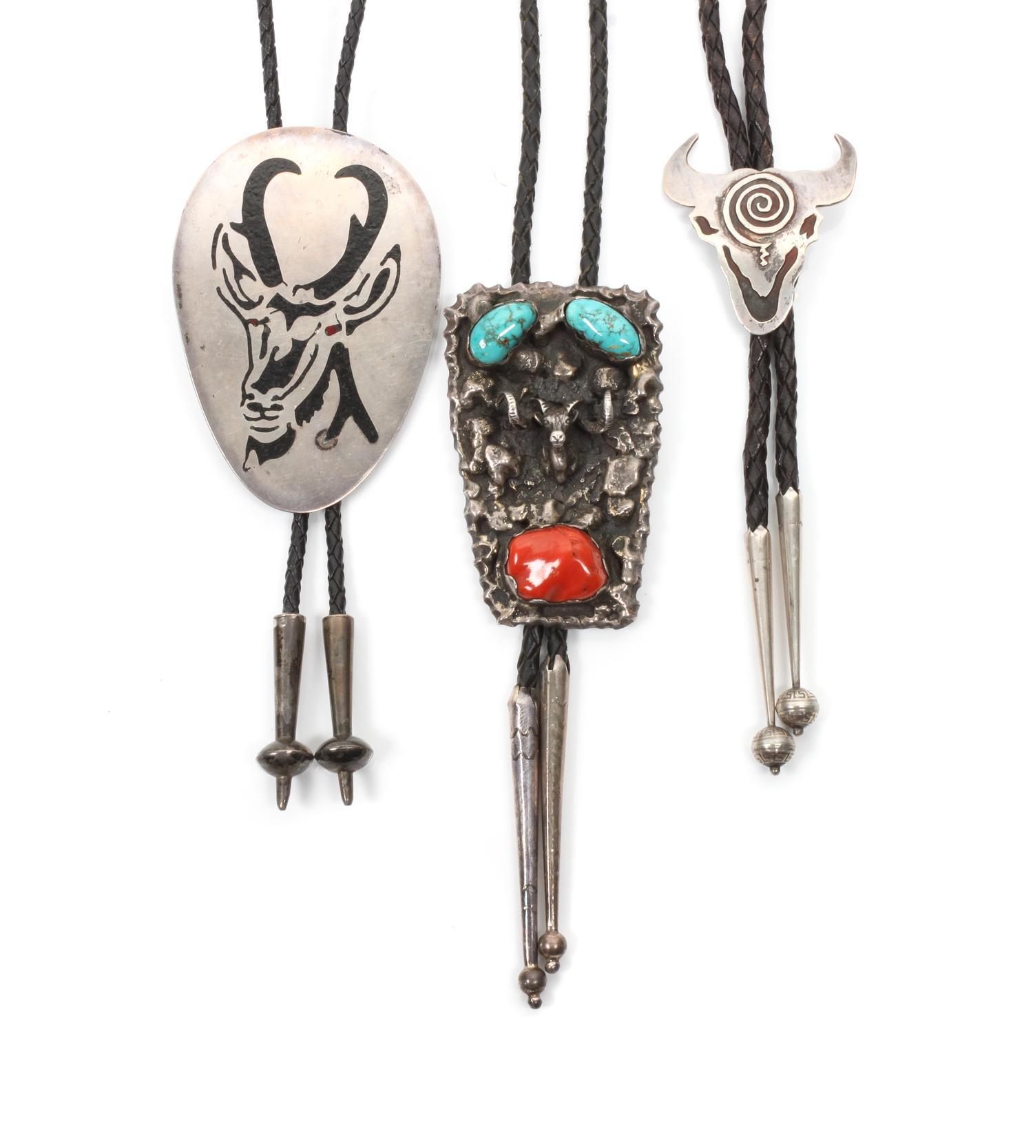 Three Southwestern Bolos Height of largest 3 3/4 x 2 1/2 inches.