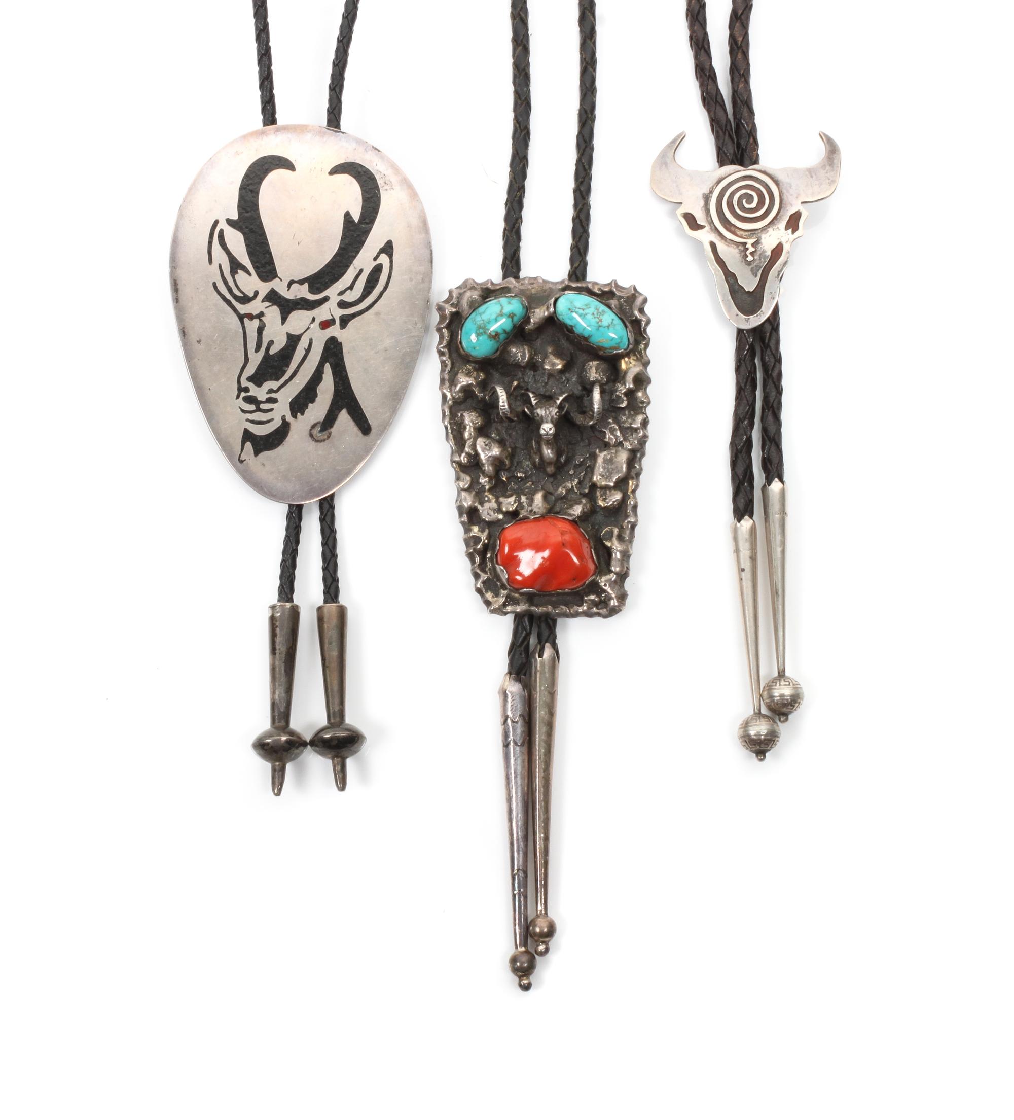 Three Southwestern Bolos Height of largest 3 3/4 x 2 1/2 inches.