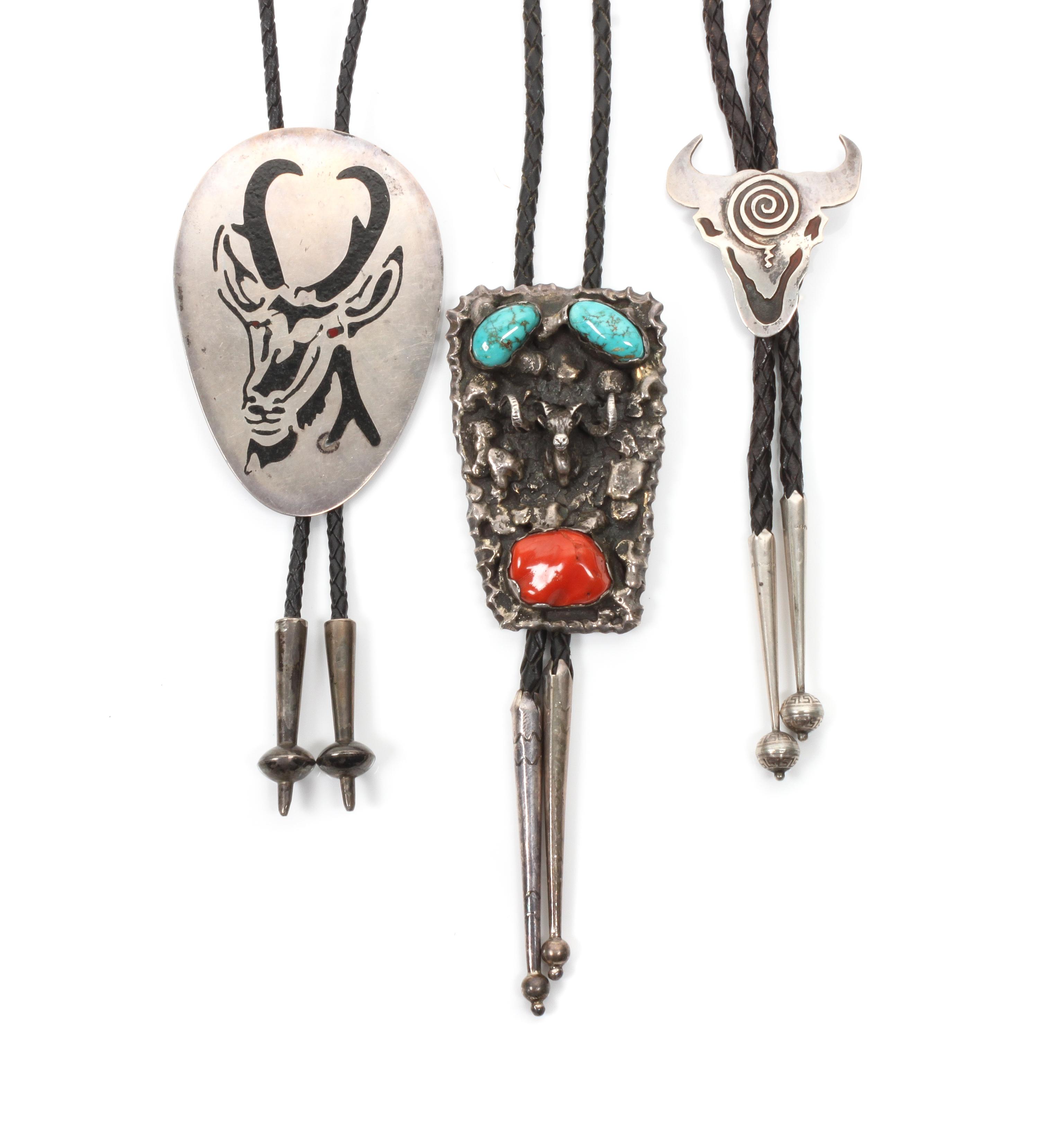 Three Southwestern Bolos Height of largest 3 3/4 x 2 1/2 inches.
