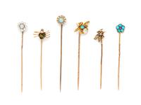 COLLECTION OF YELLOW GOLD AND MULTIGEM FLOWER AND INSECT MOTIF STICK PINS