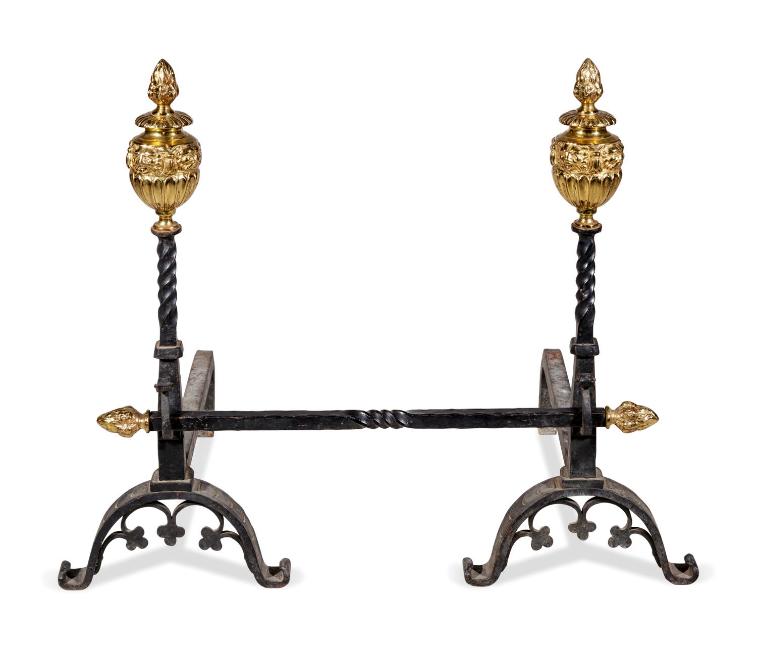 A Pair of Neoclassical Style Brass and Iron Andirons