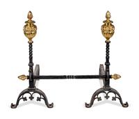 A Pair of Neoclassical Style Brass and Iron Andirons