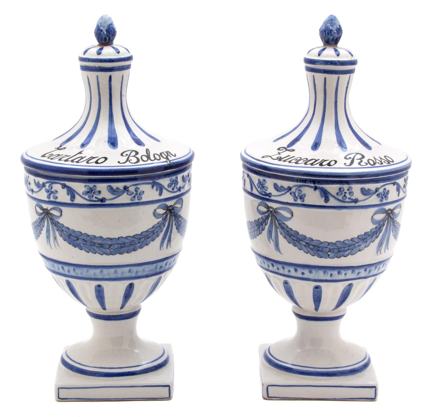 A Pair of Italian Glazed Ceramic Covered Apothecary Urns Height 11 inches. — 20TH CENTURY