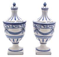 A Pair of Italian Glazed Ceramic Covered Apothecary Urns Height 11 inches. — 20TH CENTURY