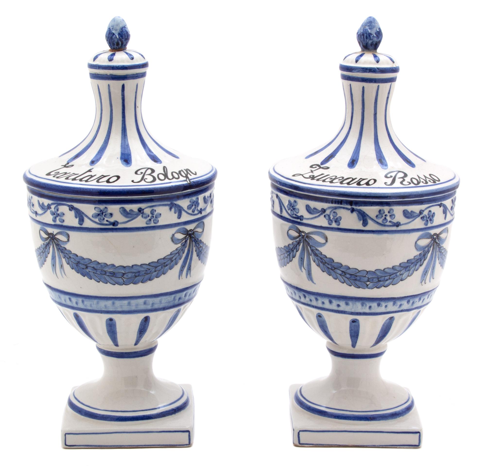 A Pair of Italian Glazed Ceramic Covered Apothecary Urns Height 11 inches. — 20TH CENTURY