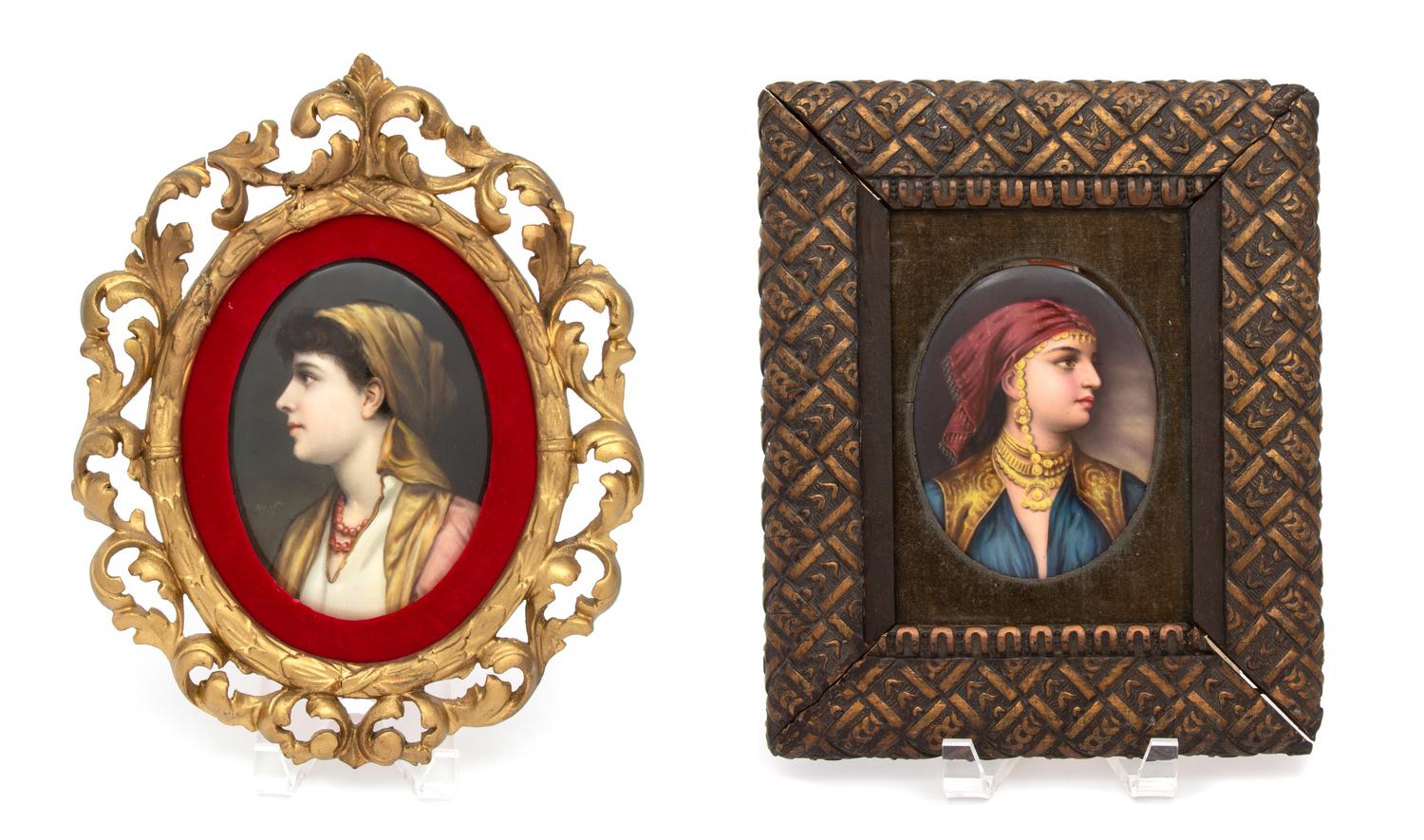 Two Painted Portraits on Porcelain in Gilt Frames Largest framed height 12 1/2 x width 10 inches. — 19TH/20TH CENTURY