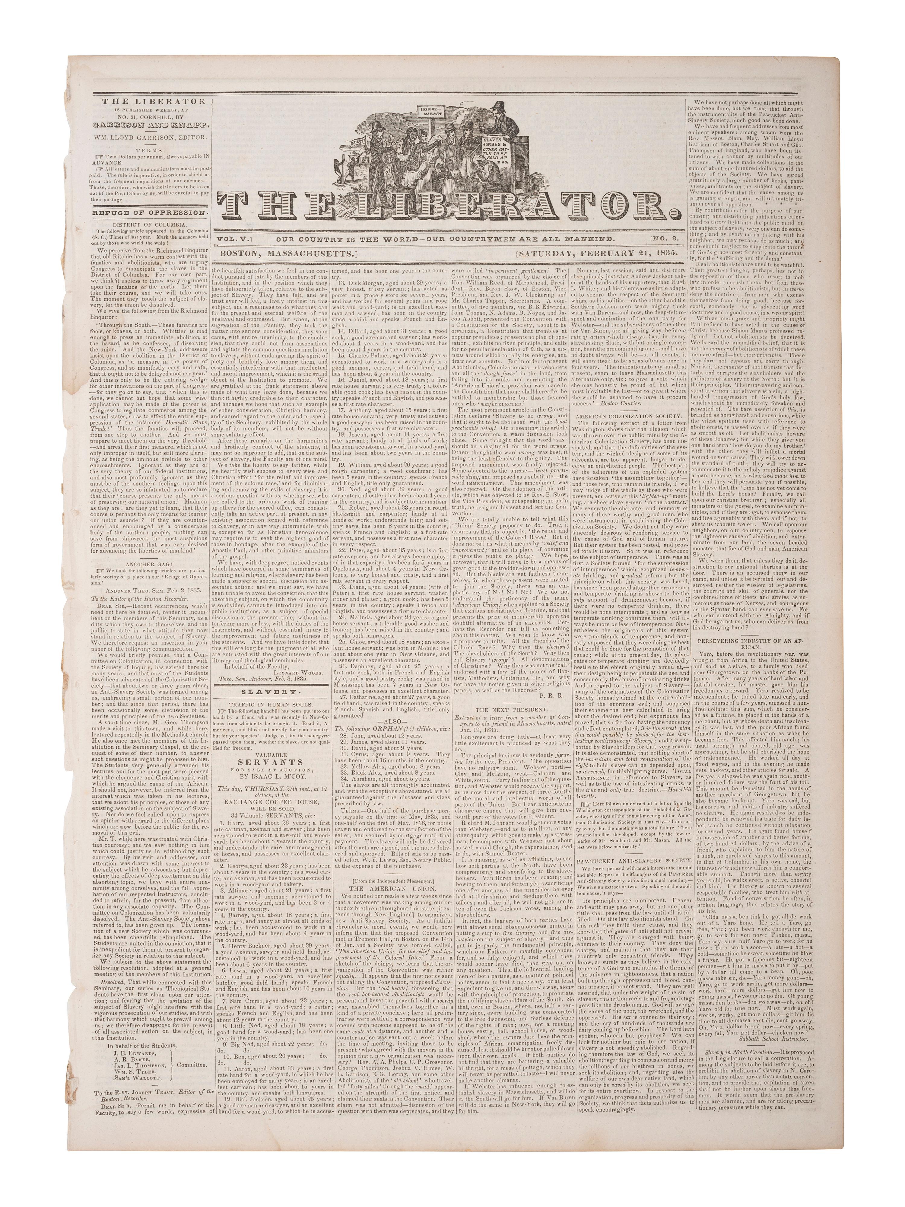 [SLAVERY & ABOLITION]. The Liberator. Vol. V, No. 8. Boston, MA: 21 February 1835.