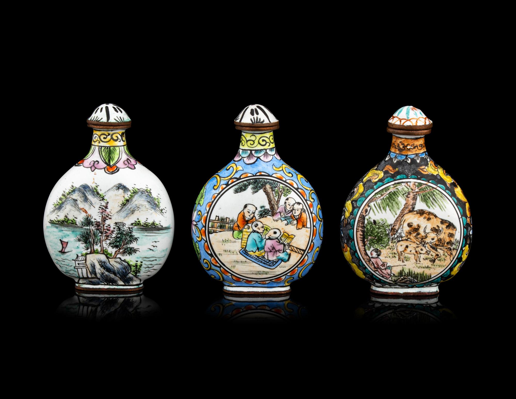 Three Chinese Enamel on Copper Snuff Bottles