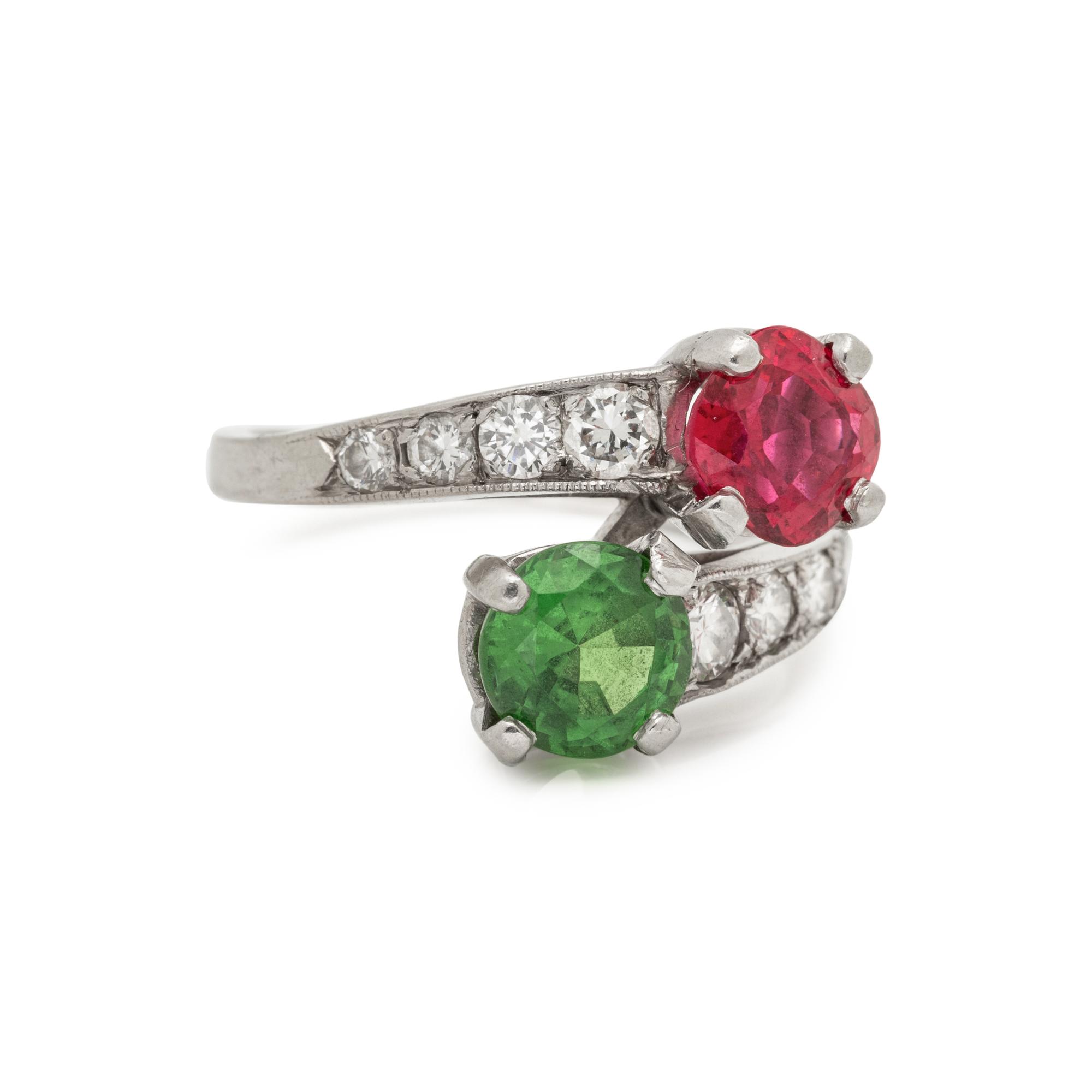 TSAVORITE GARNET, RED SPINEL AND DIAMOND 'TOI ET MOI' RING