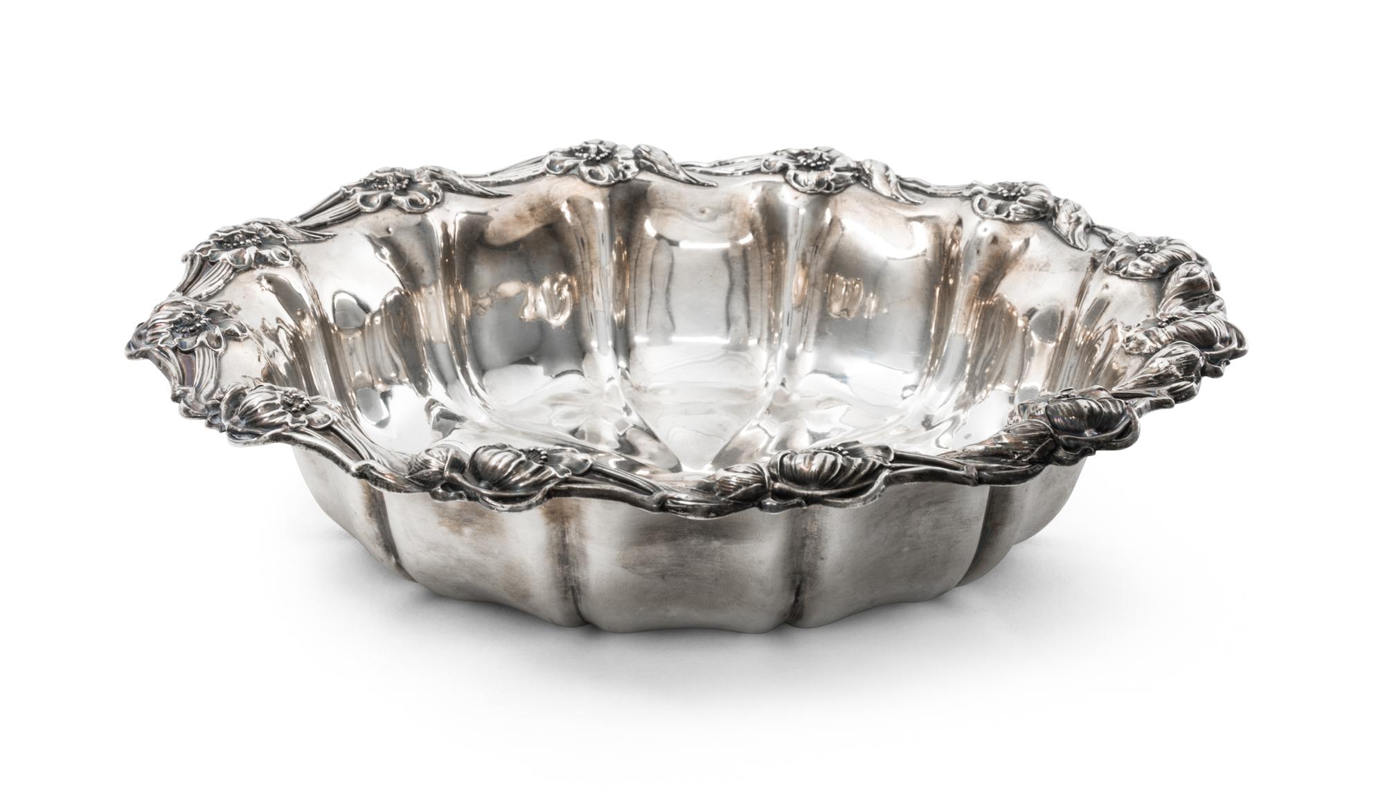 An American Art Nouveau Silver Bowl, Unger Brothers, Newark, NJ, of shaped circular form with an applied poppy border.