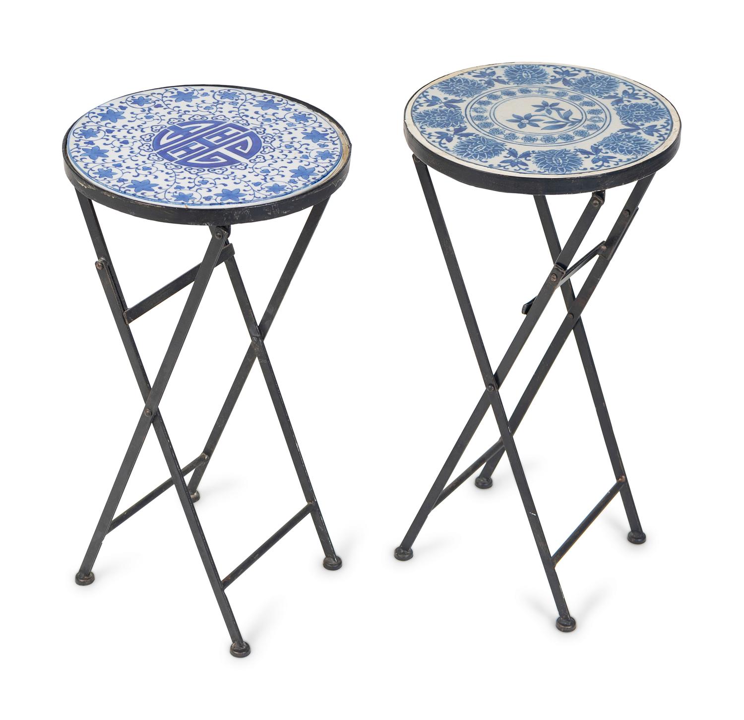 A Pair of Small Metal Folding Tables with Inset Blue and White Tiles