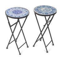 A Pair of Small Metal Folding Tables with Inset Blue and White Tiles