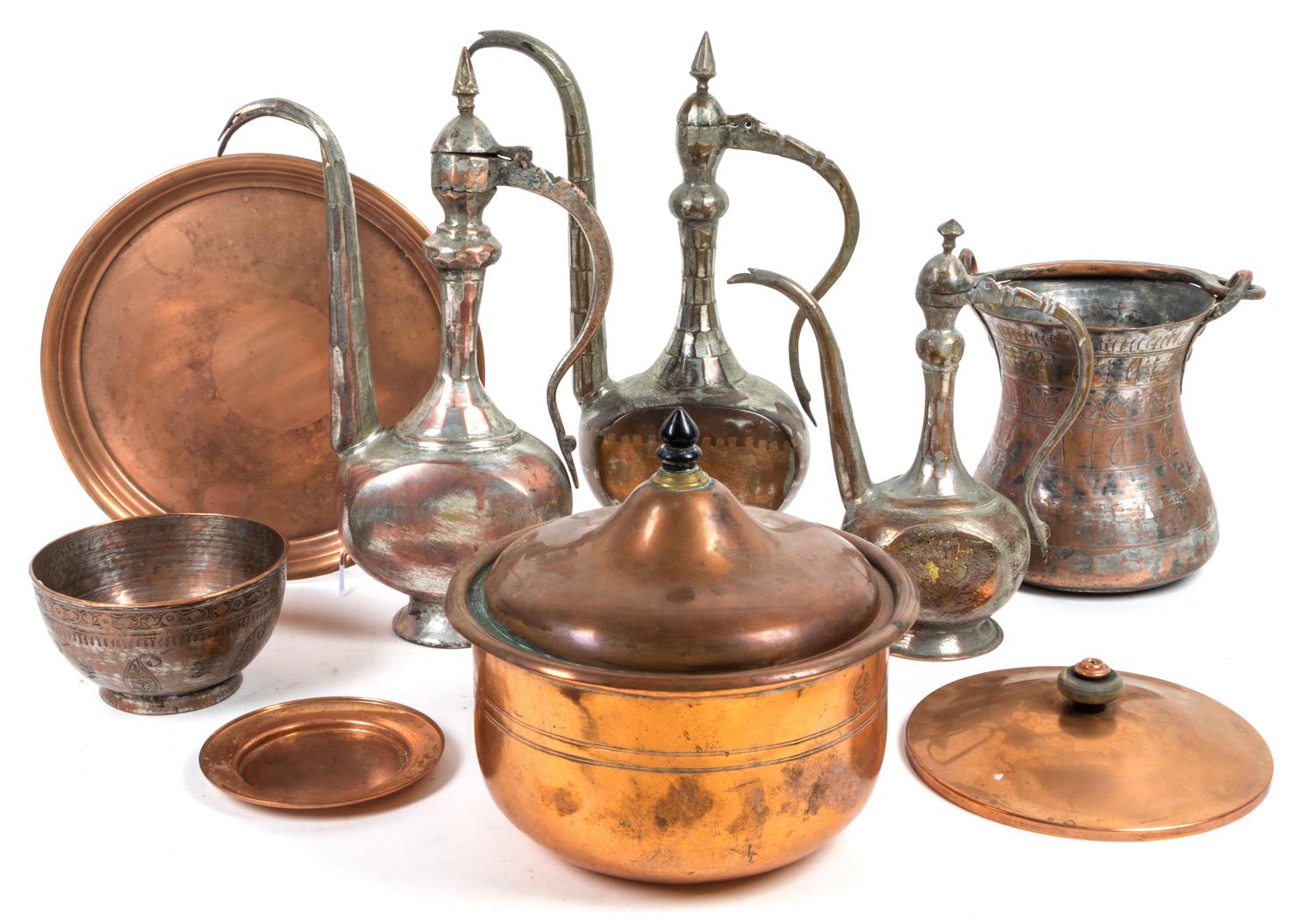 A Collection of Copper and Silvered Metal Articles Height of tallest 11 inches. — 19TH/20TH CENTURY