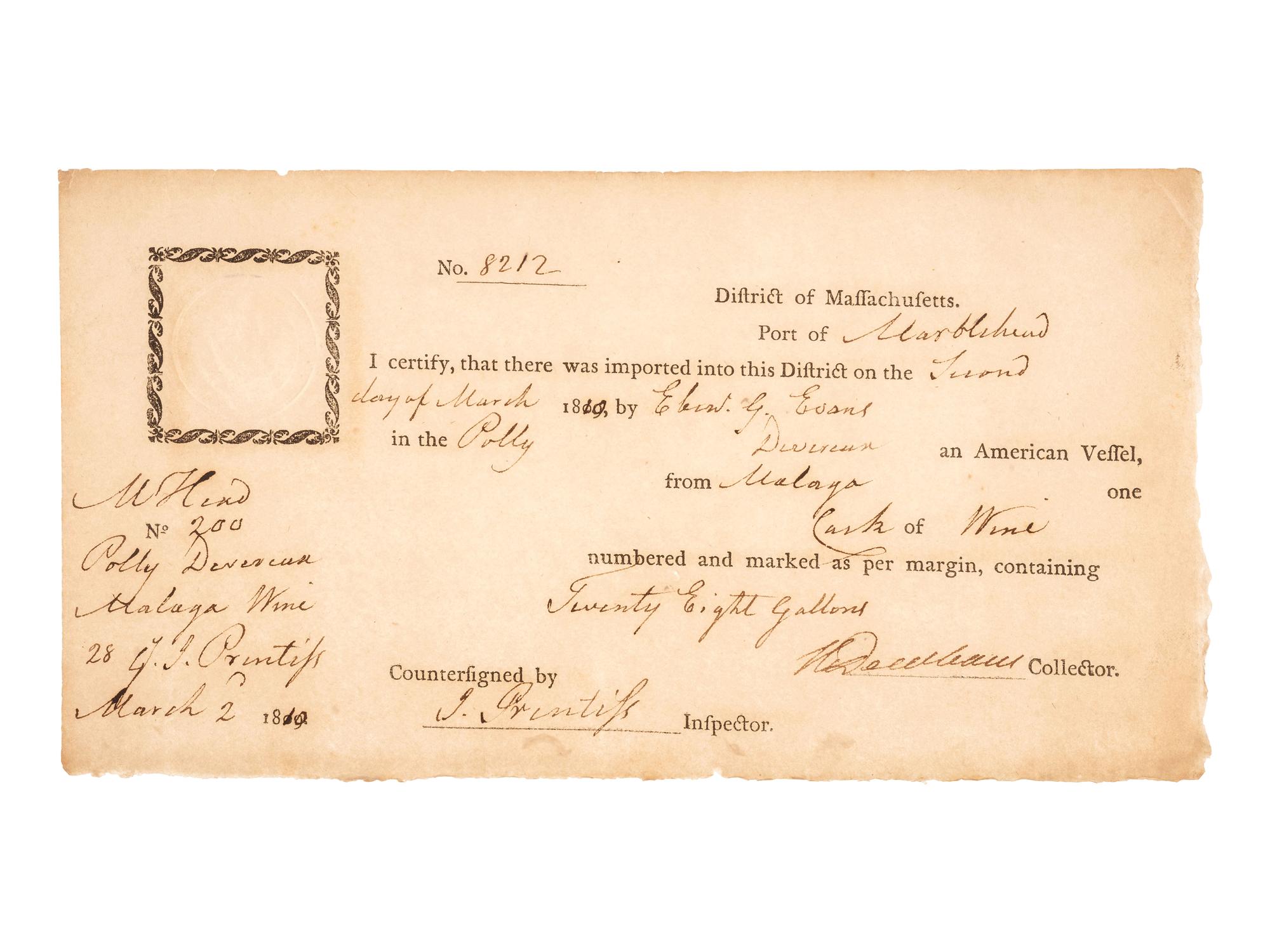 [MASSACHUSETTS] -- [DEARBORN, Henry (1751-1829)]. A group of signed documents and other ephemera related to military officer and politician Henry Dearborn, comprising: