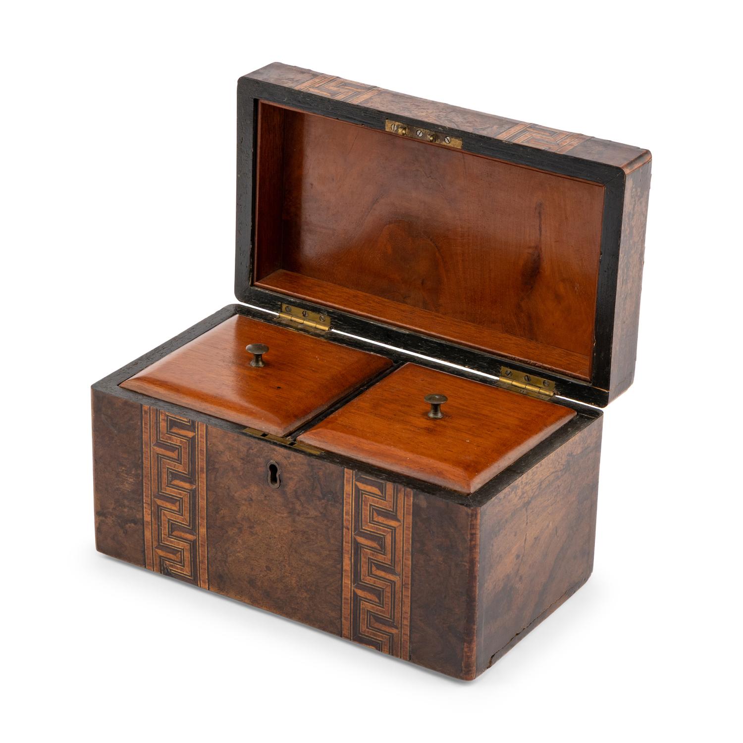 An English Burlwood and Parquetry Decorated Tea Caddy
