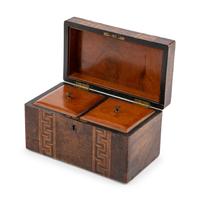 An English Burlwood and Parquetry Decorated Tea Caddy