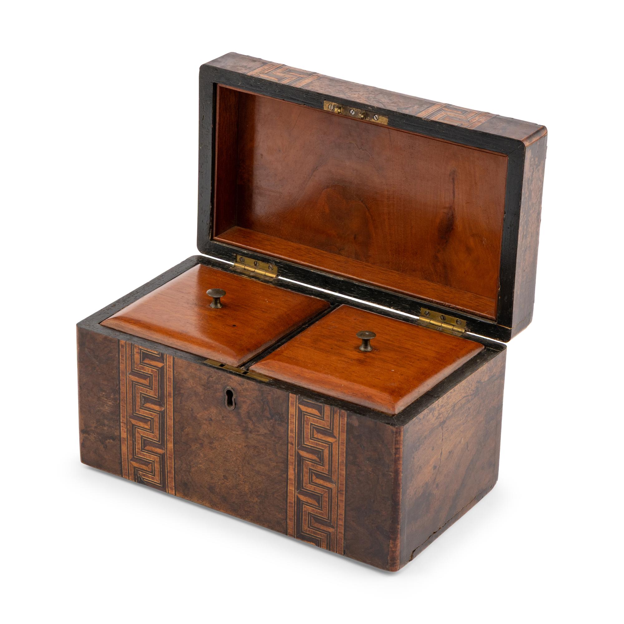 An English Burlwood and Parquetry Decorated Tea Caddy
