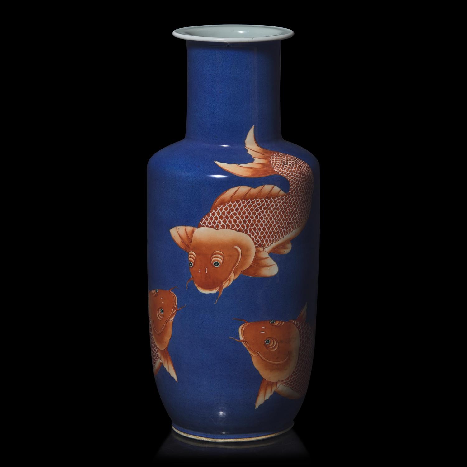 A Chinese Powder Blue Ground Iron Red Decorated"Carp" Rouleau Vase 灑藍地礬紅錦鯉紋棒槌瓶