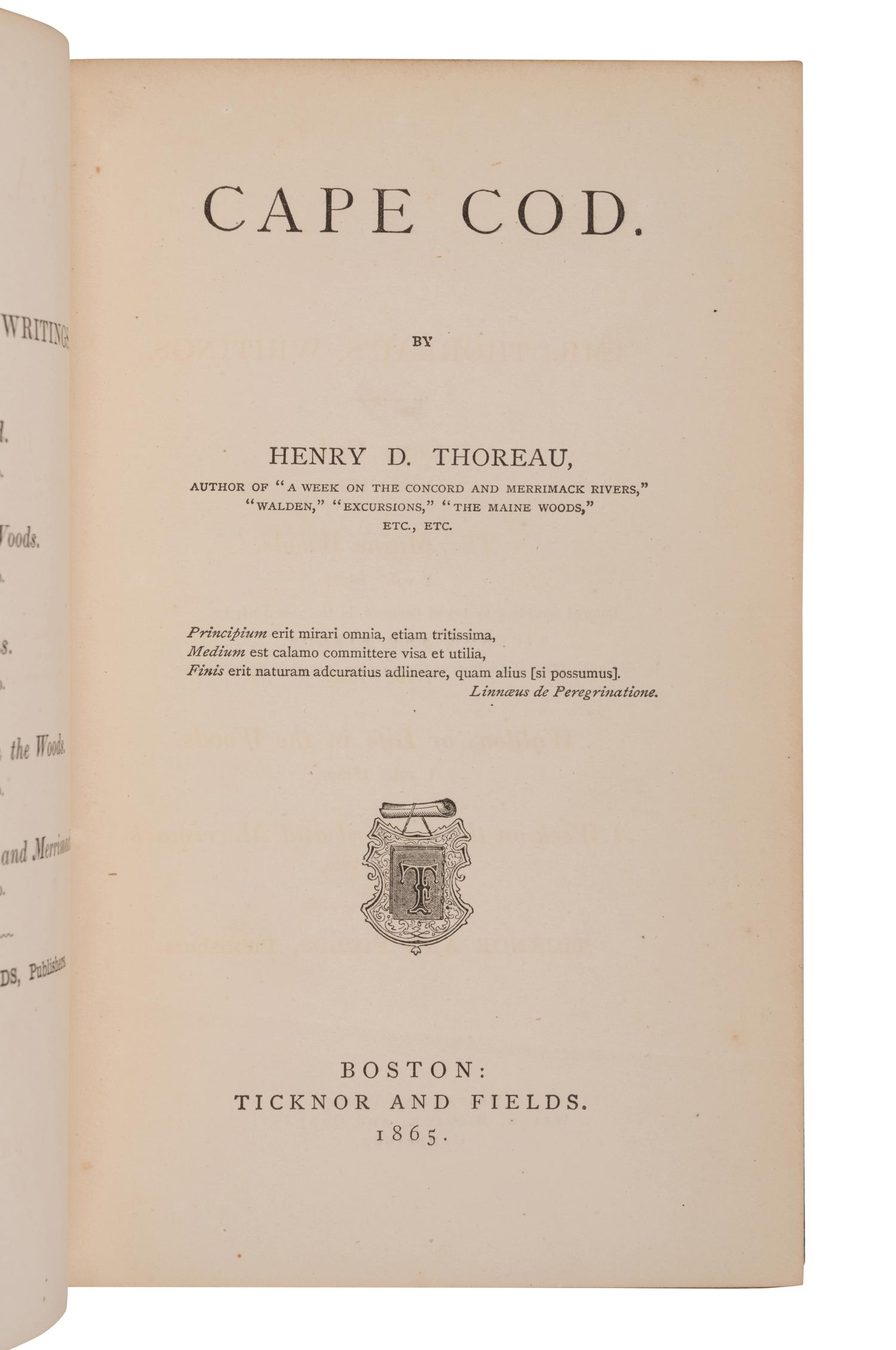 THOREAU, Henry David (1817-1862). Cape Cod . Boston: Ticknor and Fields, 1865 .