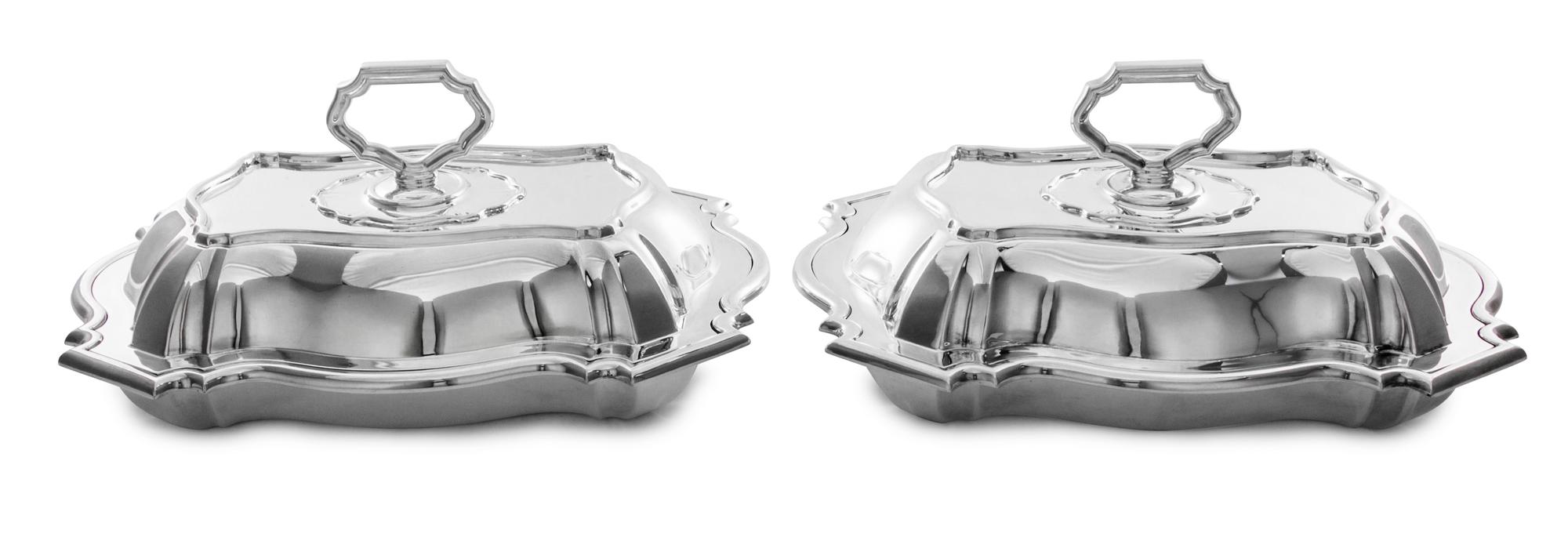 A Pair of George V Silver Covered Entrees, Jenkins & Timm, Sheffield, 1923, each of shaped rectangular form with raised edges and handl